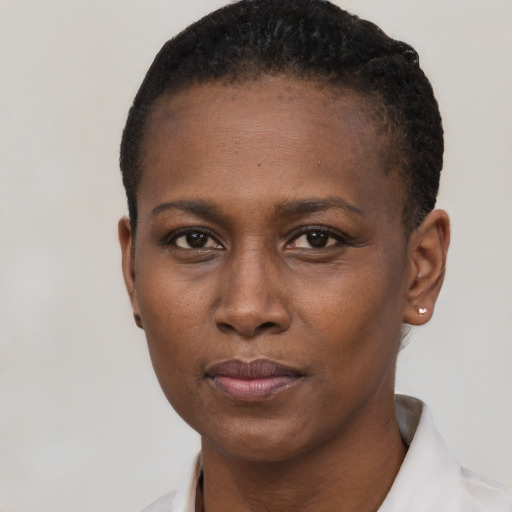 Neutral black young-adult female with short  black hair and brown eyes