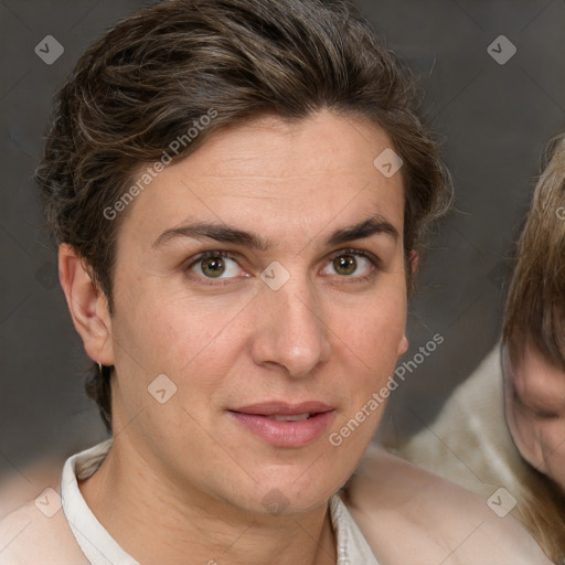 Joyful white adult female with medium  brown hair and grey eyes