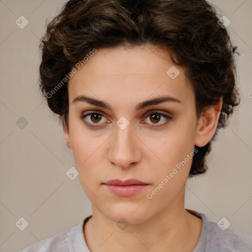 Neutral white young-adult female with short  brown hair and brown eyes