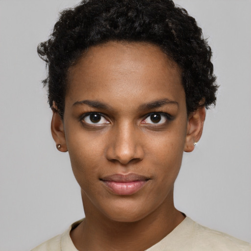 Neutral black young-adult female with short  black hair and brown eyes