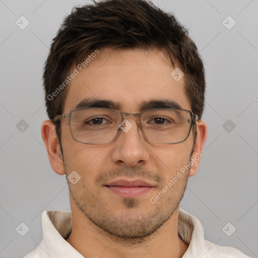 Neutral white young-adult male with short  brown hair and brown eyes