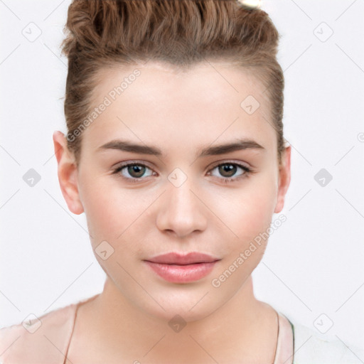 Neutral white young-adult female with short  brown hair and brown eyes