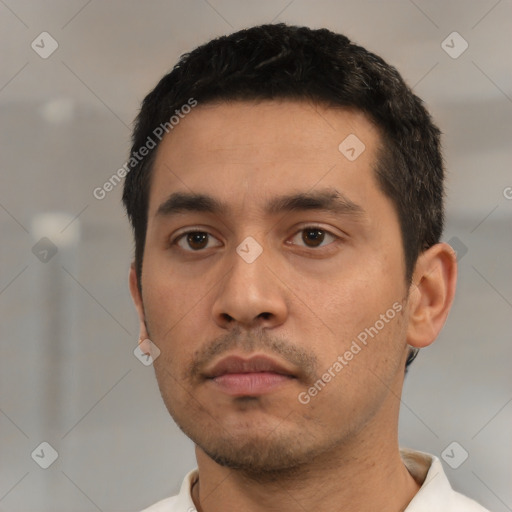 Neutral asian young-adult male with short  black hair and brown eyes