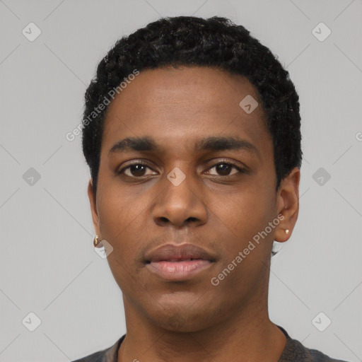 Neutral black young-adult male with short  black hair and brown eyes