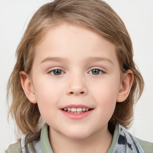 Joyful white child female with medium  brown hair and blue eyes