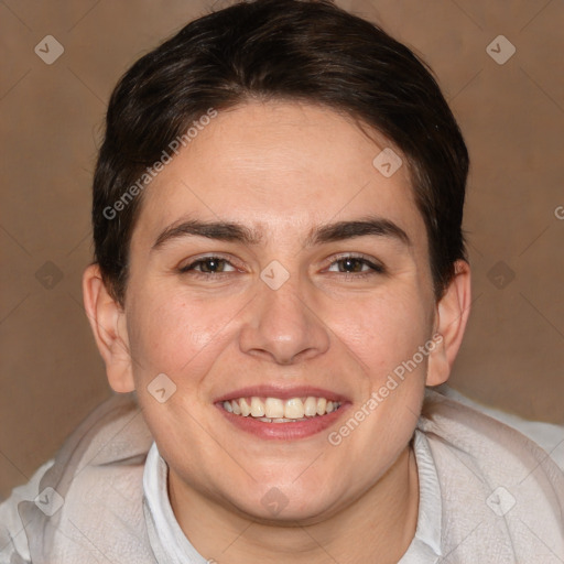 Joyful white young-adult female with short  brown hair and brown eyes