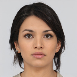 Neutral asian young-adult female with medium  black hair and brown eyes