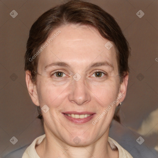 Joyful white adult female with medium  brown hair and grey eyes