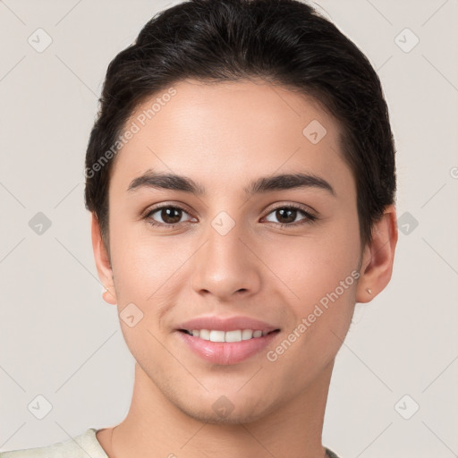 Joyful white young-adult female with short  brown hair and brown eyes