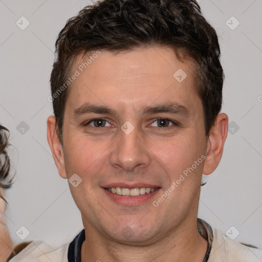 Joyful white young-adult male with short  brown hair and brown eyes