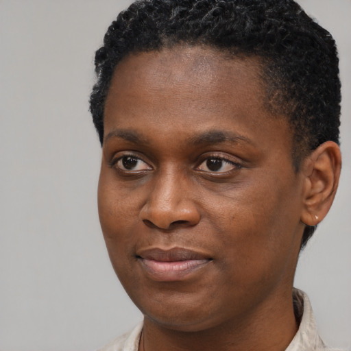 Joyful black young-adult male with short  brown hair and brown eyes