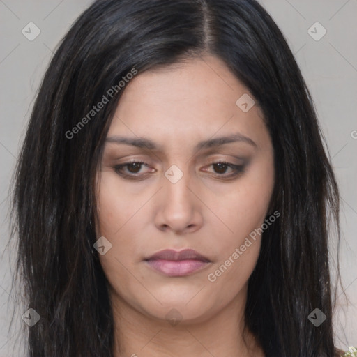 Joyful asian young-adult female with long  black hair and brown eyes