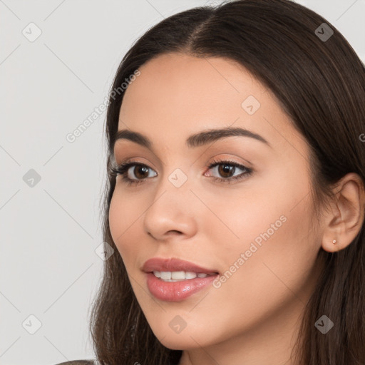 Neutral white young-adult female with long  brown hair and brown eyes