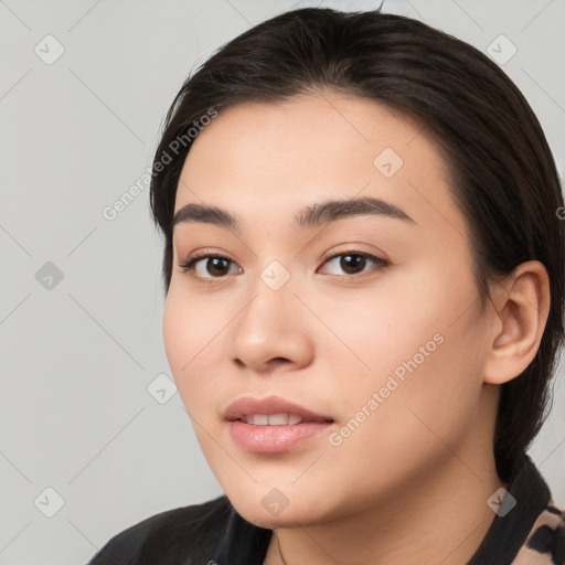 Neutral white young-adult female with medium  black hair and brown eyes