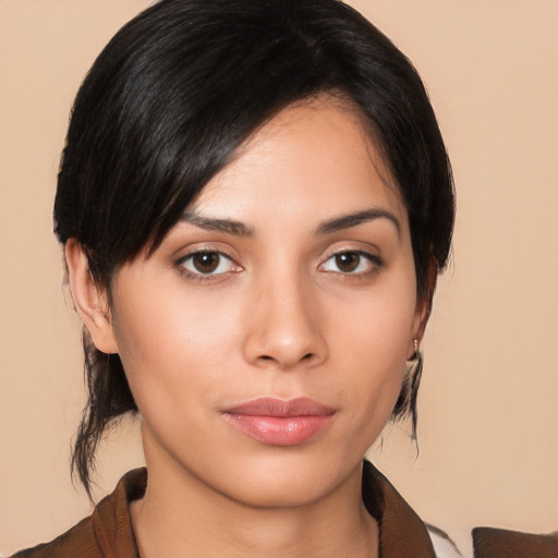 Neutral asian young-adult female with medium  black hair and brown eyes