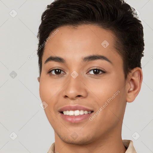 Joyful white young-adult female with short  brown hair and brown eyes