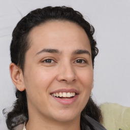 Joyful white young-adult male with medium  brown hair and brown eyes