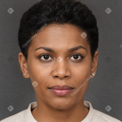 Joyful black young-adult female with short  brown hair and brown eyes