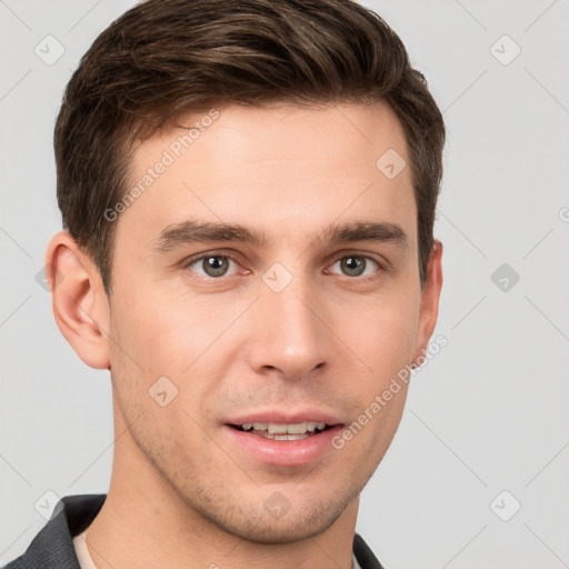 Neutral white young-adult male with short  brown hair and brown eyes