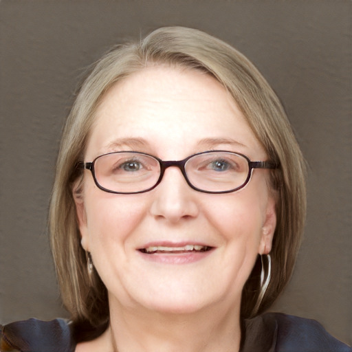 Joyful white adult female with medium  brown hair and blue eyes