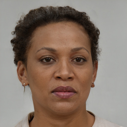 Joyful black adult female with short  brown hair and brown eyes