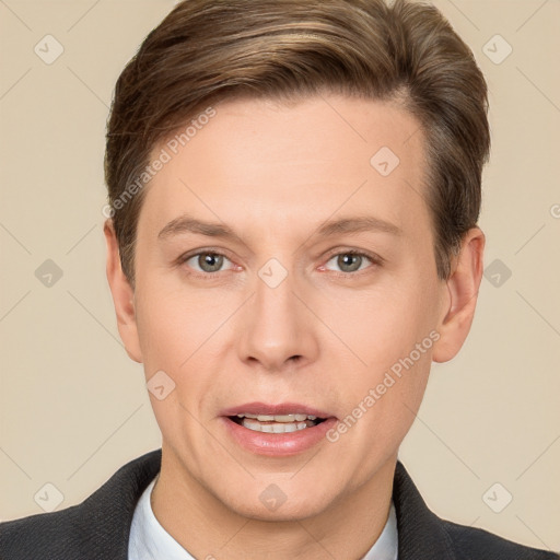 Joyful white adult male with short  brown hair and brown eyes