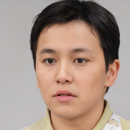 Neutral asian young-adult male with short  brown hair and brown eyes