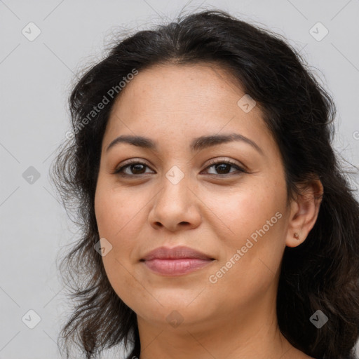 Joyful latino young-adult female with medium  brown hair and brown eyes