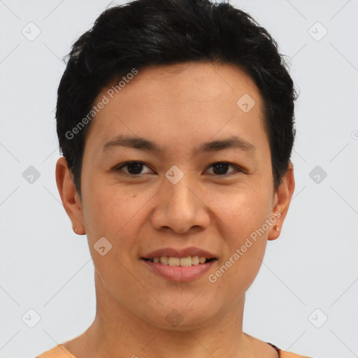 Joyful asian young-adult female with short  black hair and brown eyes