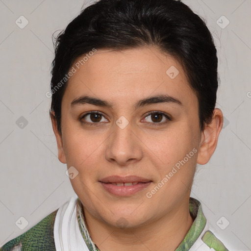 Joyful white young-adult female with short  brown hair and brown eyes