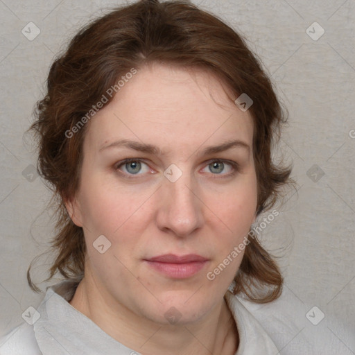 Joyful white young-adult female with medium  brown hair and blue eyes