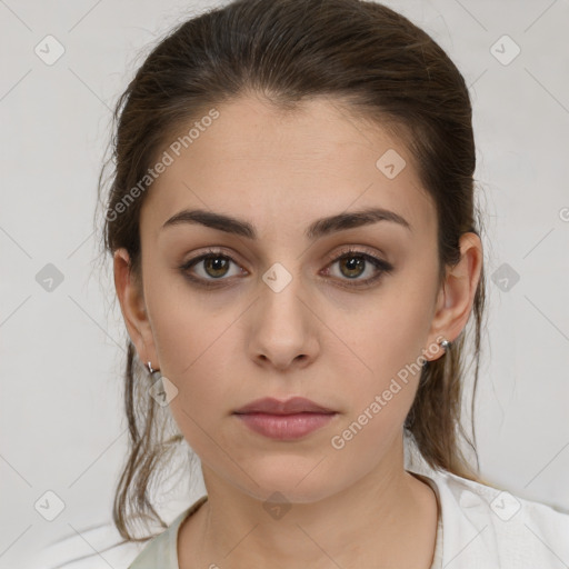 Neutral white young-adult female with medium  brown hair and brown eyes