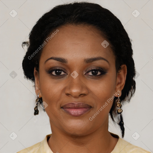 Joyful black young-adult female with medium  black hair and brown eyes