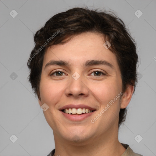 Joyful white young-adult male with medium  brown hair and brown eyes