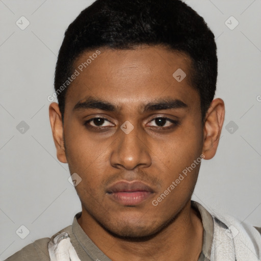 Neutral latino young-adult male with short  black hair and brown eyes