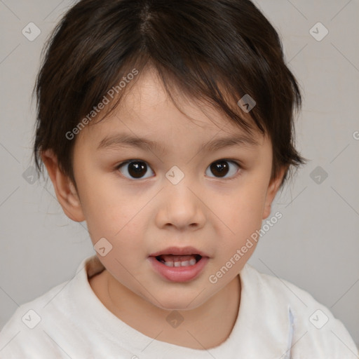 Joyful white child female with medium  brown hair and brown eyes