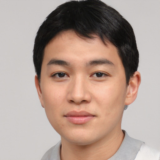 Neutral asian young-adult male with short  black hair and brown eyes