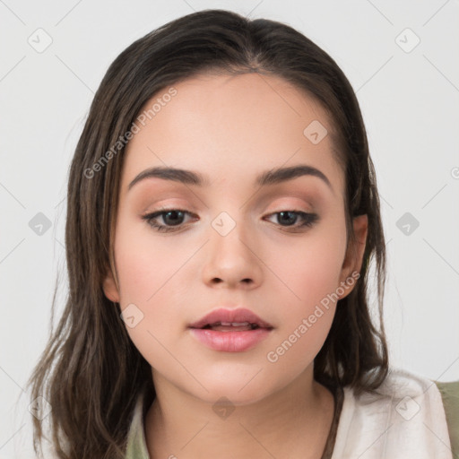 Neutral white young-adult female with medium  brown hair and brown eyes