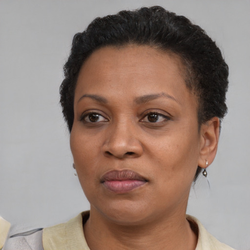 Joyful black adult female with short  brown hair and brown eyes