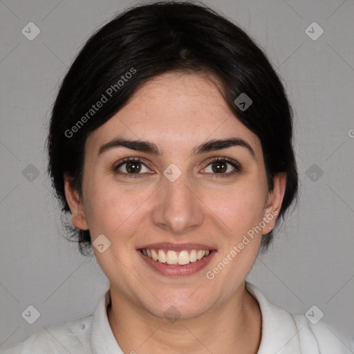 Joyful white young-adult female with medium  brown hair and brown eyes