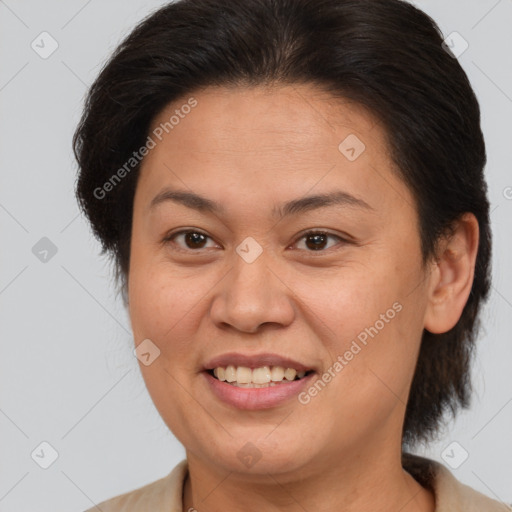 Joyful white adult female with medium  brown hair and brown eyes