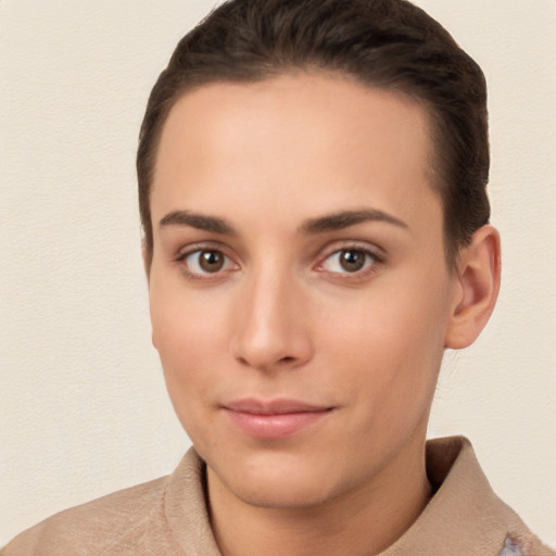 Neutral white young-adult female with short  brown hair and brown eyes