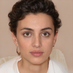 Neutral white young-adult female with short  brown hair and brown eyes