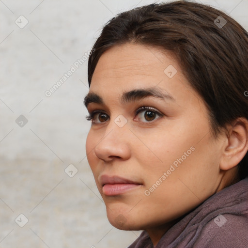 Neutral white young-adult female with short  brown hair and brown eyes