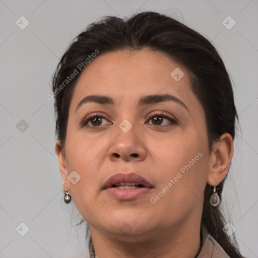 Neutral white young-adult female with medium  brown hair and brown eyes