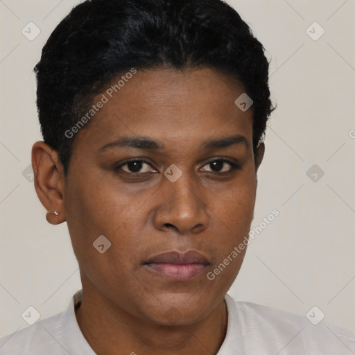 Neutral black young-adult female with short  black hair and brown eyes