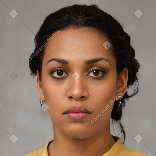 Neutral latino young-adult female with short  black hair and brown eyes