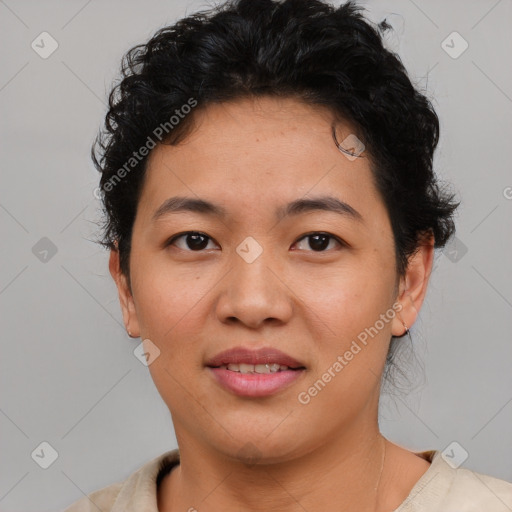 Joyful asian young-adult female with short  brown hair and brown eyes