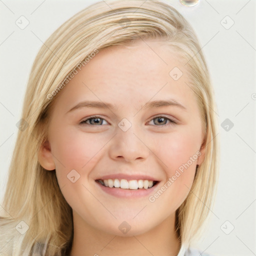 Joyful white young-adult female with long  brown hair and blue eyes