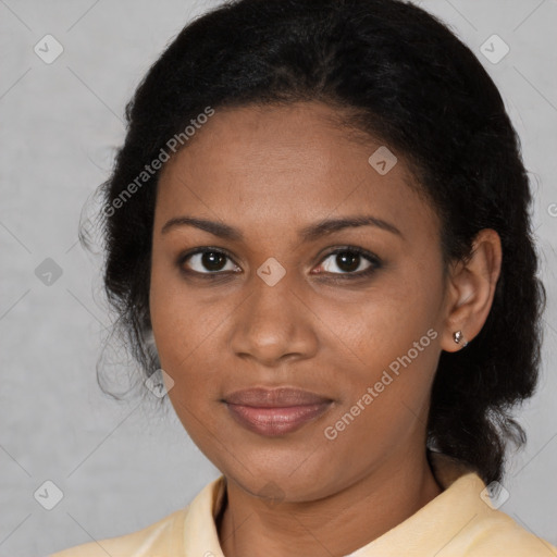 Joyful black young-adult female with medium  brown hair and brown eyes